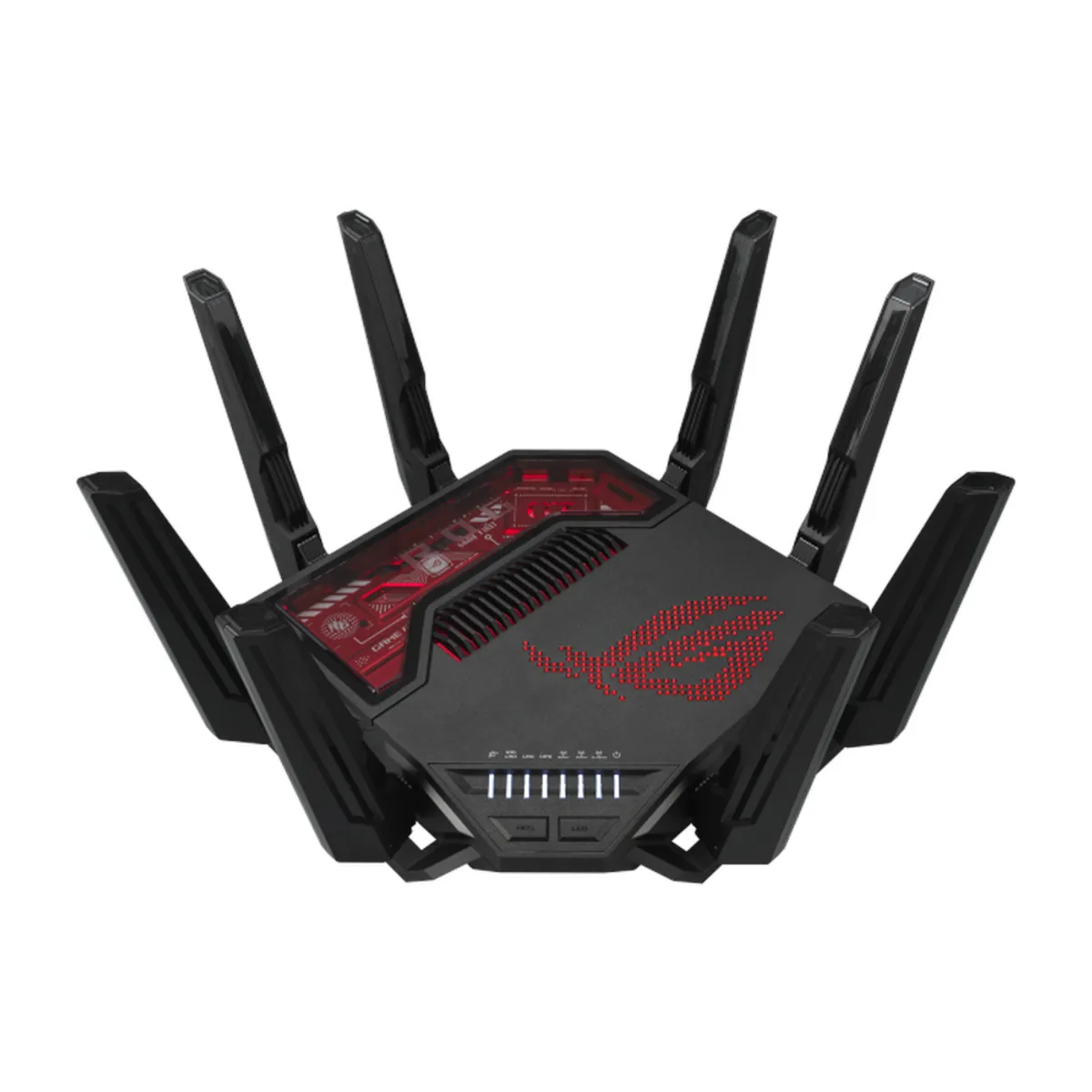 Asus ROG Rapture GT-BE19000 Gaming Router, 6 GHz Up to 11529 Mbps, 5 GHz Up to 5764 Mbps, 2.4 GHz Up to 1376 Mbps, 8 x External Antennas, 2.6GHz Quad-Core Processor, AiMesh Supported, Advanced Gaming Features, Aura RGB, 1 Year Warranty | 90IG0850-MO9A0V