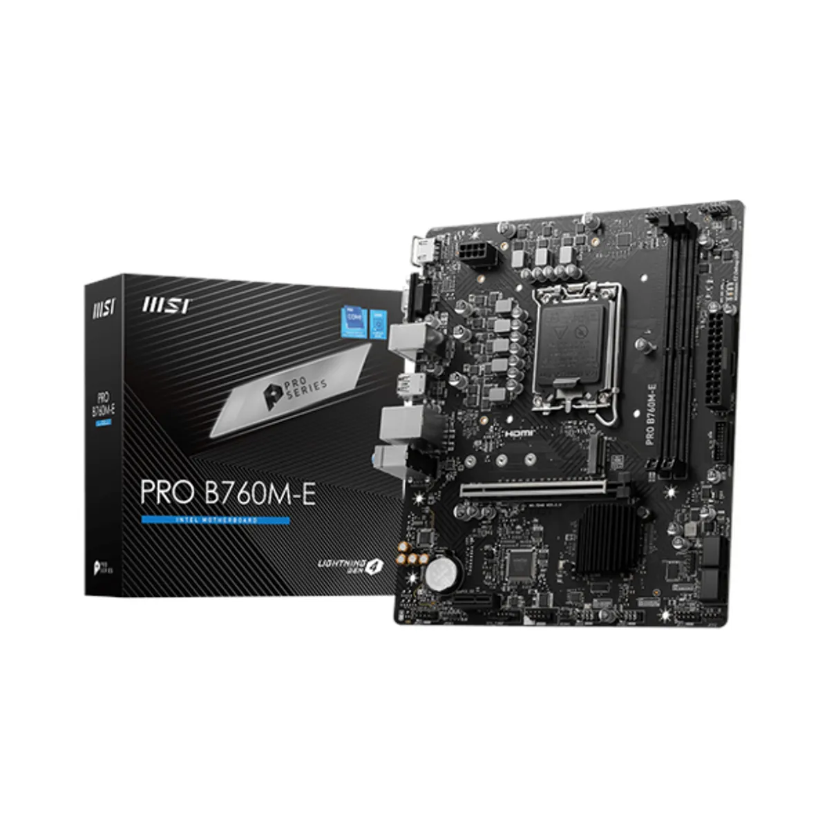 Msi PRO B760M-E Motherboard, LGA 1700 Socket, mATX Form Factor, DDR5 Ram, PCIe 4.0, USB 5Gbps, HDMI 1.4, VGA, Realtek RTL8111H Gigabit LAN, PCI-E Steel Armor, 1 Year Warranty | 911-7D48-065