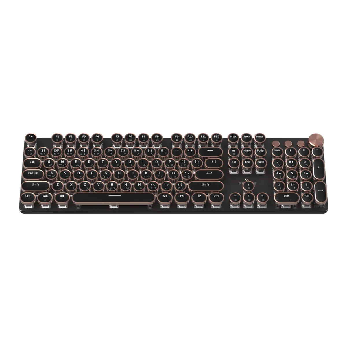Genuine Retro Punk Ergonomic Mechanical Keyboard Arabic & English, Wireless + Bluetooth + USB (3 Modes), 104 Keys with Vintage Typewriter-Style Design, Multiple Lighting Effects, Black, 1 Year Warranty | GN-130MB