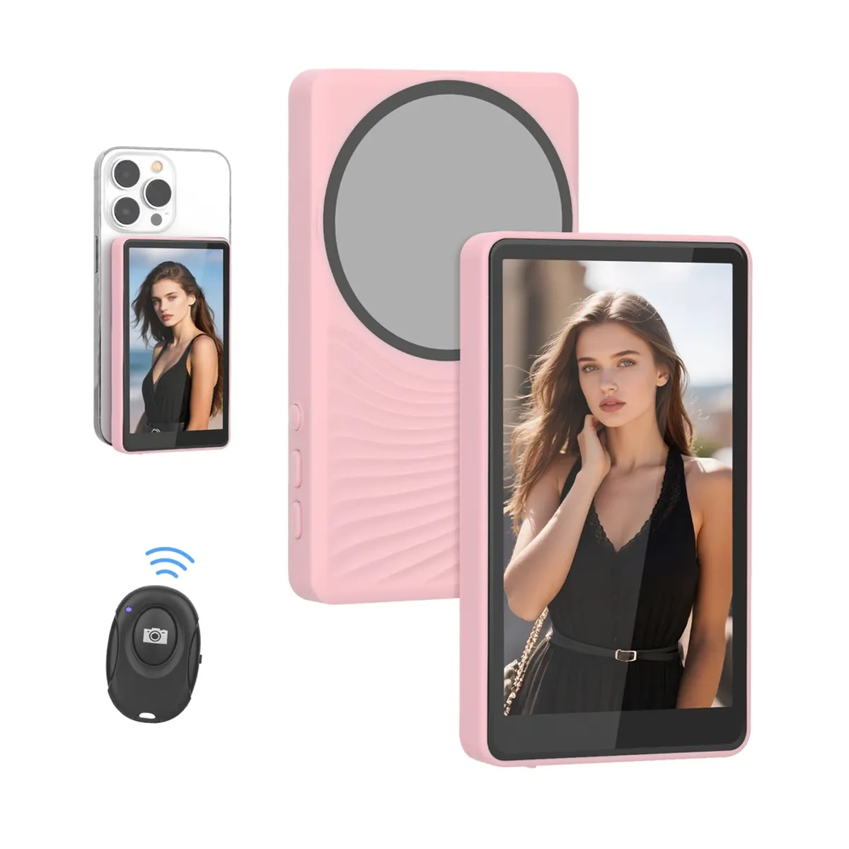 Genuine Reel Buddy Magnetic Selfie Screen, Real-Time Rear Camera Preview with HD Display, Screen Flip Function, 50M Wireless Sync, Bluetooth Remote Included, Pink, 1 Year Warranty | GN-RBT1PK