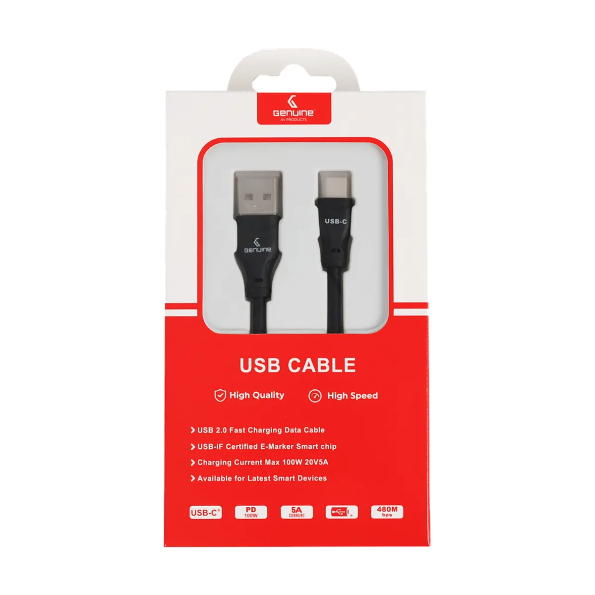 Genuine USB 2.0 - A to C Cable, Cable Length 1.5M, 100W, Black, 1 Year Warranty | GN-USBAC1.5M-BK
