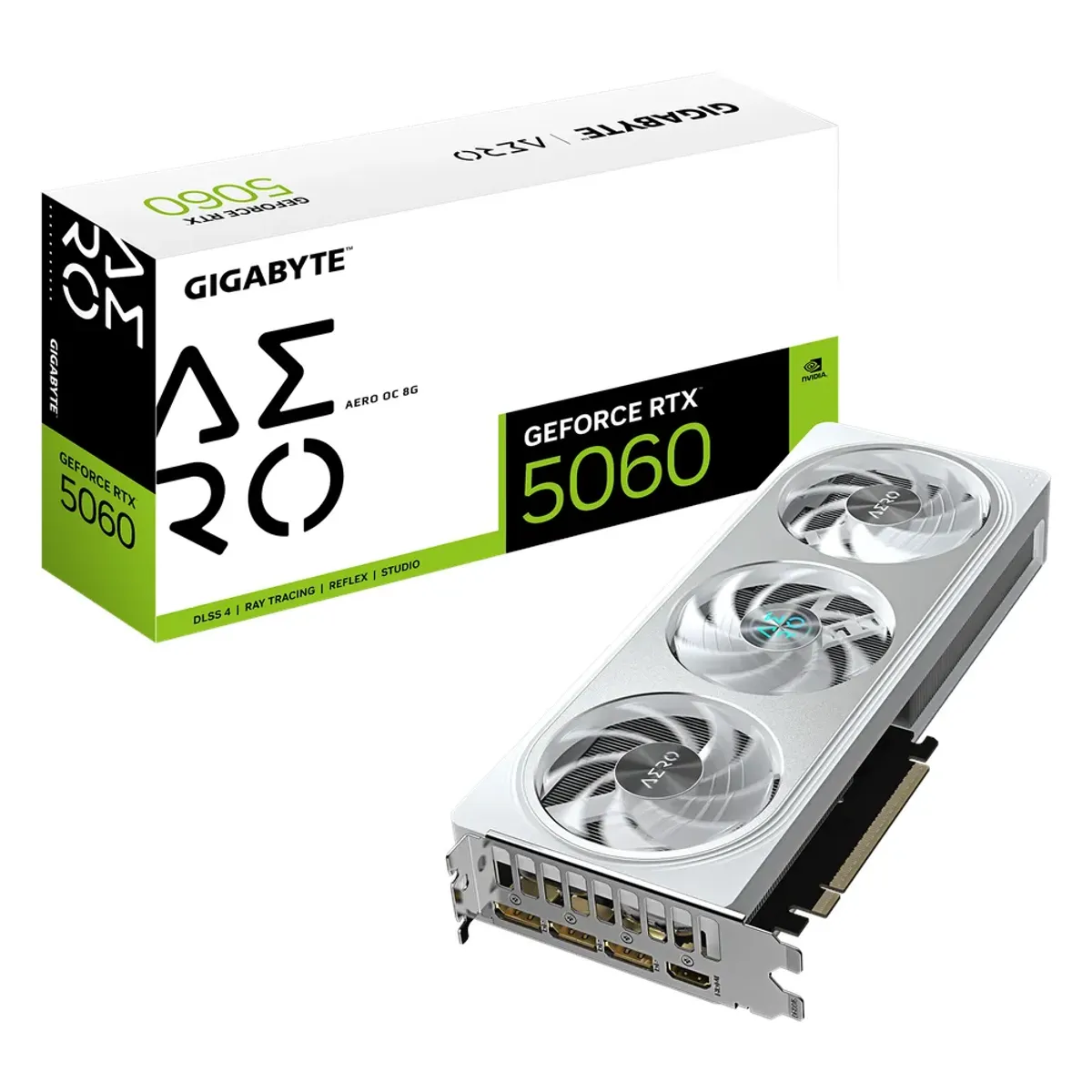 Gigabyte AERO OC GeForce RTX 5060 Graphics Card, GDDR7 8GB 128-bit Memory, HDMI 2.1b & DP 2.1b Outputs, PCI Express 5.0, 2595 MHz Core Clock, 28 Gbps Memory Clock, TrIple Windforce Hawk Fans, Dual BIOS, White, 1 Year Warranty | GV-N5060AERO-OC-8GD