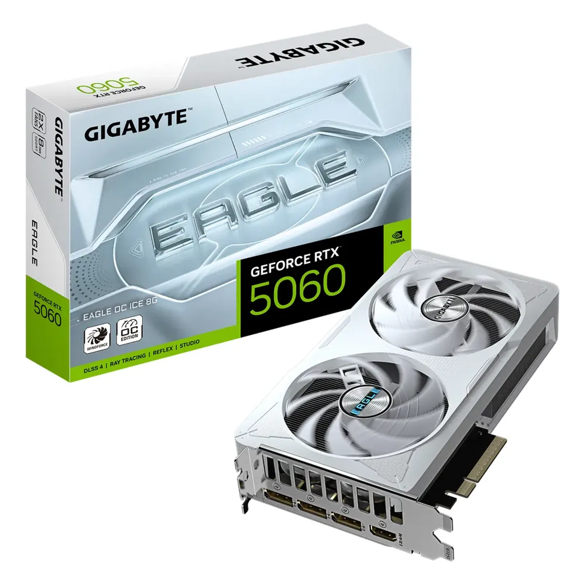 Gigabyte EAGLE OC ICE GeForce RTX 5060 Graphics Card, GDDR7 8GB 128-bit Memory, HDMI 2.1b & DP 2.1b Outputs, PCI Express 5.0, 2550 MHz Core Clock, 28 Gbps Memory Clock, Dual Windforce Hawk Fans, White, 1 Year Warranty | GV-N5060EAGLE-OC-ICE