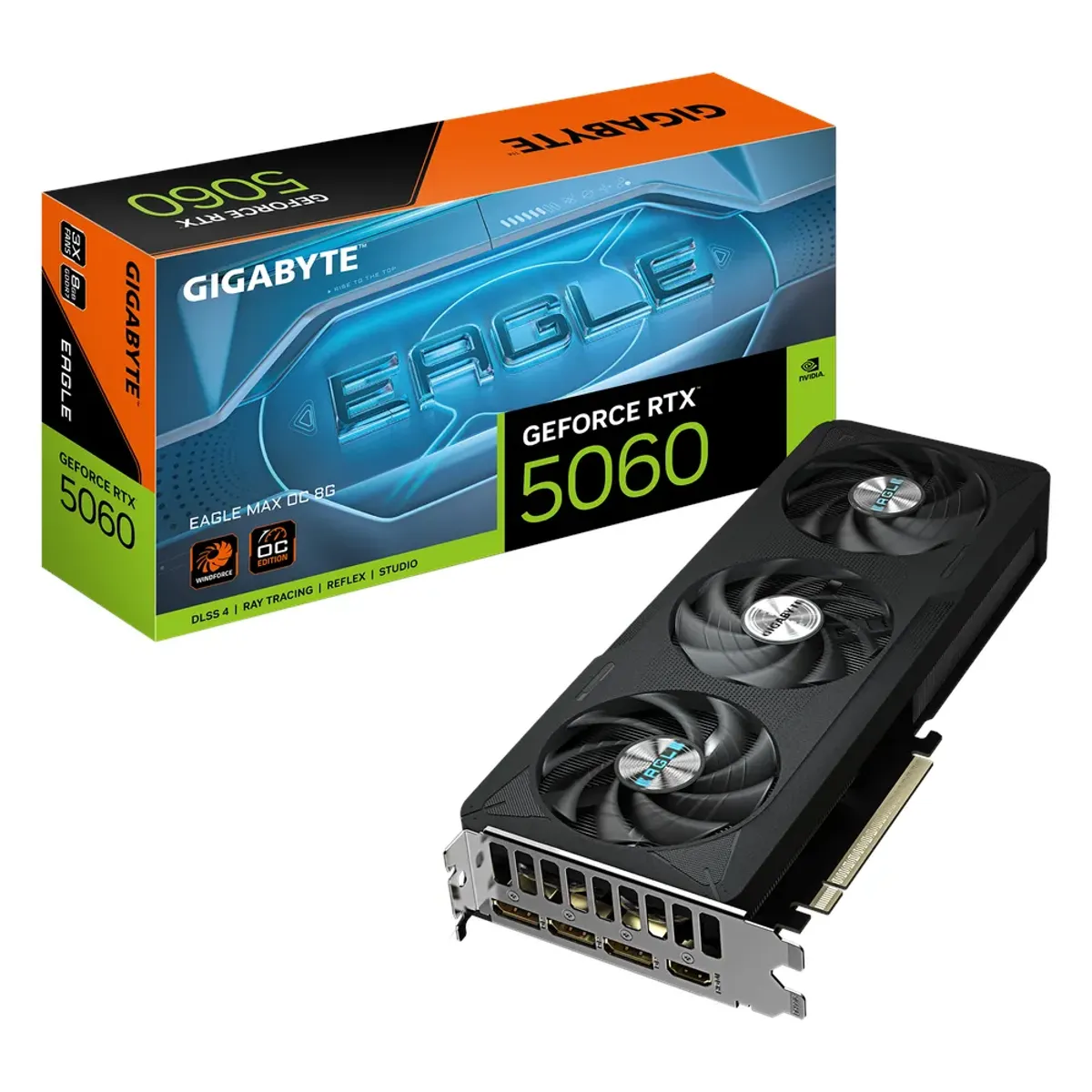 Gigabyte EAGLE MAX OC GeForce RTX 5060 Graphics Card, GDDR7 8GB 128-bit Memory, HDMI 2.1b & DP 2.1b Outputs, PCI Express 5.0, 2550 MHz Core Clock, 28 Gbps Memory Clock, TrIple Windforce Hawk Fans, 1 Year Warranty | GV-N5060EAGLEMAX-OC-8