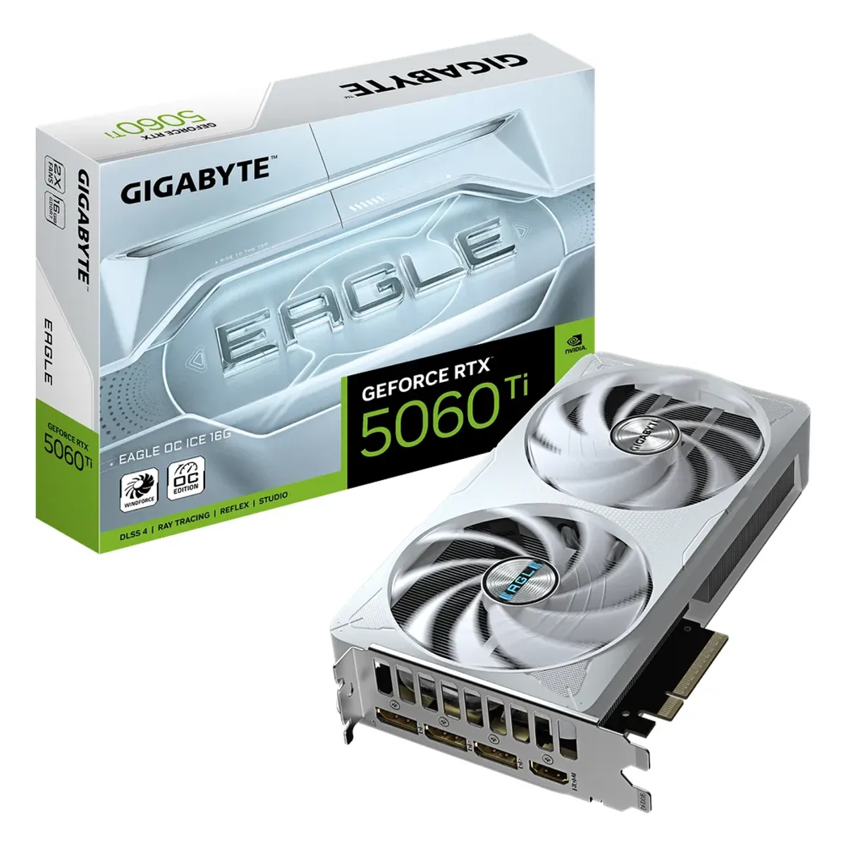 Gigabyte EAGLE OC ICE GeForce RTX 5060 Ti Graphics Card, GDDR7 16GB 128-bit Memory, HDMI 2.1b & DP 2.1b Outputs, PCI Express 5.0, 2617 MHz Core Clock, 28 Gbps​ Memory Clock, Dual Windforce Hawk Fans, White, 1 Year Warranty | GV-N506TEAGLEOC-ICE-1