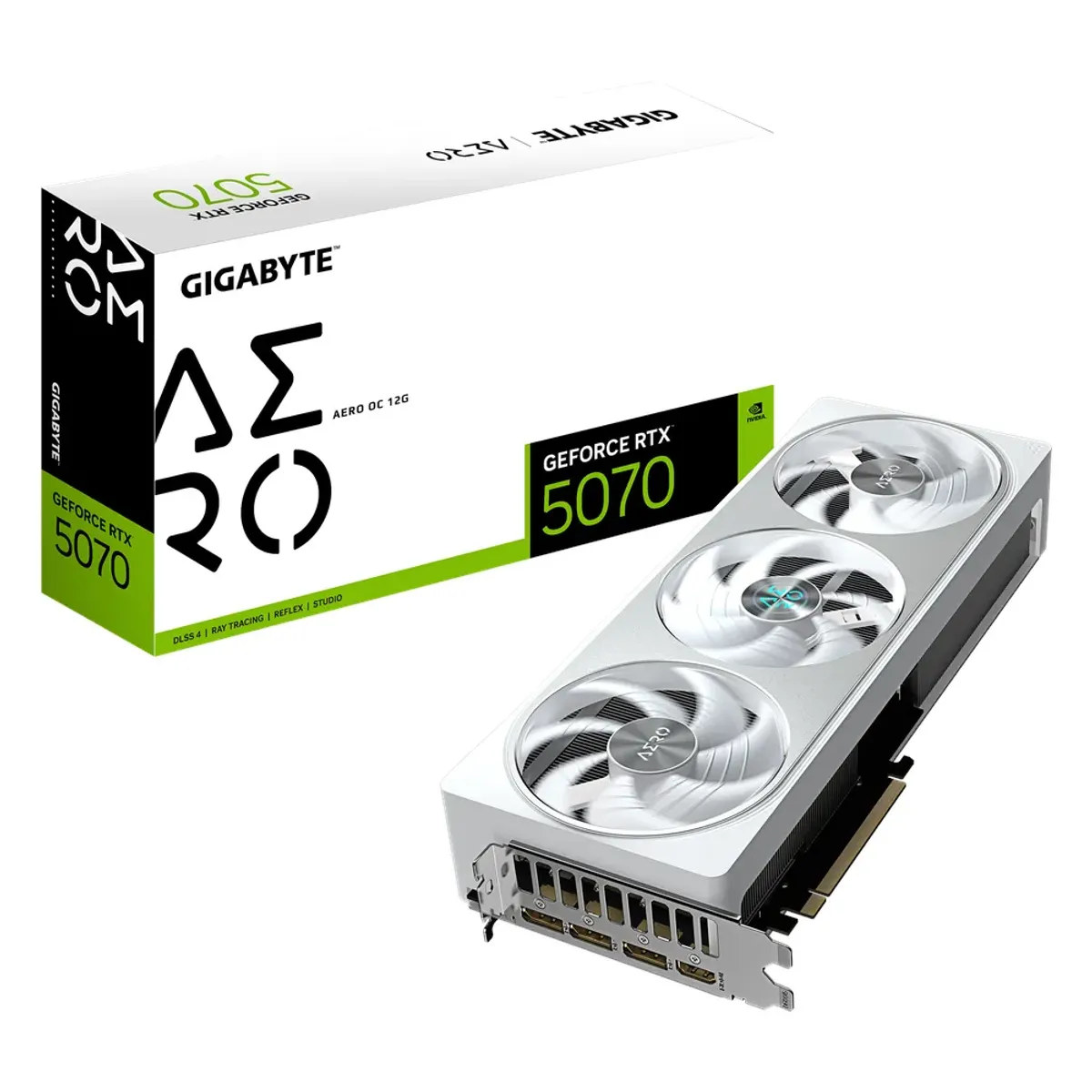 Gigabyte AERO OC GeForce RTX 5070 RGB Graphics Card, GDDR7 12GB 192-bit Memory, HDMI 2.1b & DP 2.1b Outputs, PCI Express 5.0, 2587 MHz Core Clock, 28 Gbps​ Memory Clock, Triple Windforce Hawk Fans, Dual BIOS, White, 1 Year Warranty | GV-N5070AERO-OC-12GD