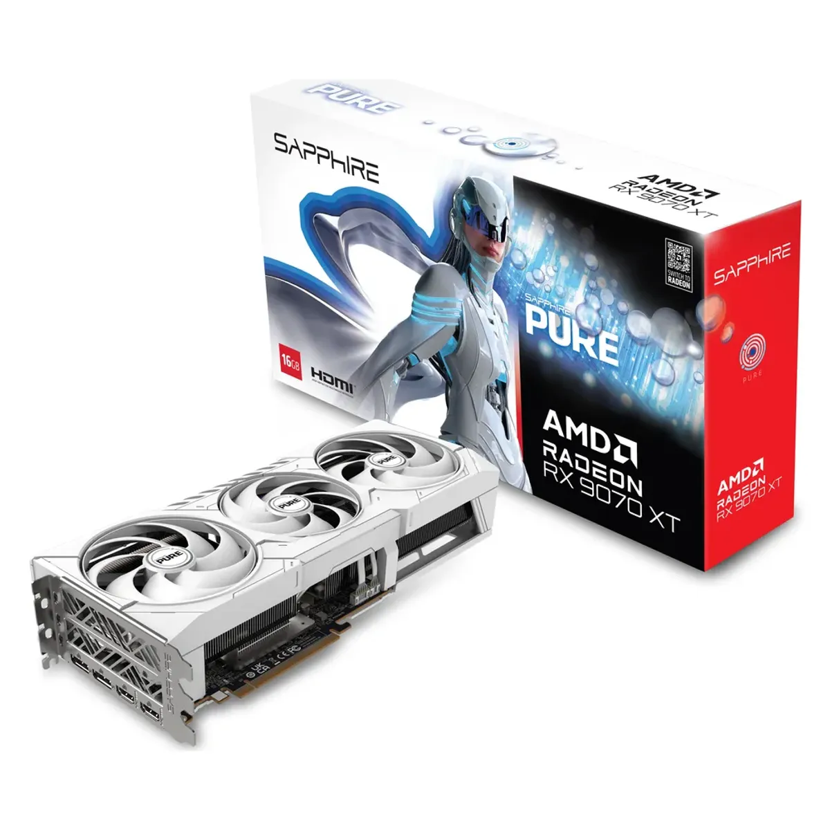 Sapphire PURE AMD Radeon RX 9070 XT OC Graphics Card, GDDR6 16GB 256-bit Memory, HDMI & DP Outputs, PCI Express 5.0, 3010 MHz Engine Clock, 20 Gbps​ Memory Clock, White, 1 Year Warranty | 11348-02-20G